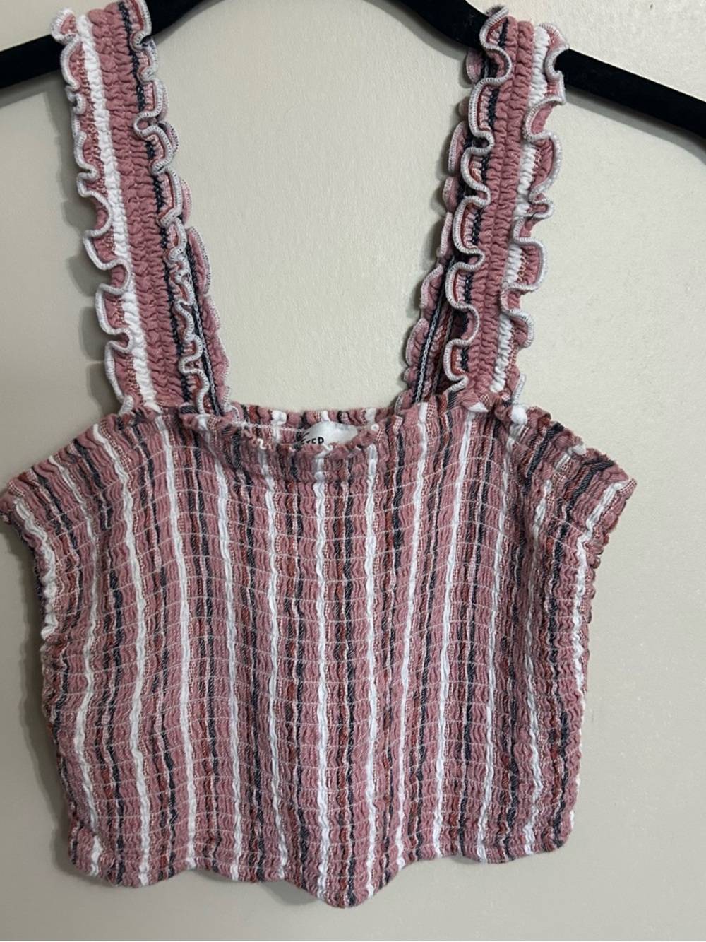 Hollister Pink and White Striped Smocked Ruffle Crop Top